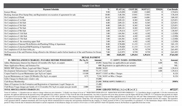 Prestige Oakville Cost Sheet